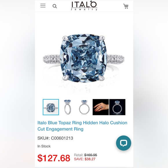 Italo Blue Topaz Ring Hidden Halo Cushion Cut Engagement Ring - Picture 11 of 11